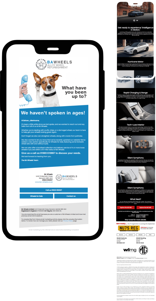 A smartphone displaying an email marketing campaign from BAWheels, featuring a friendly dog and a message about reconnecting with clients.